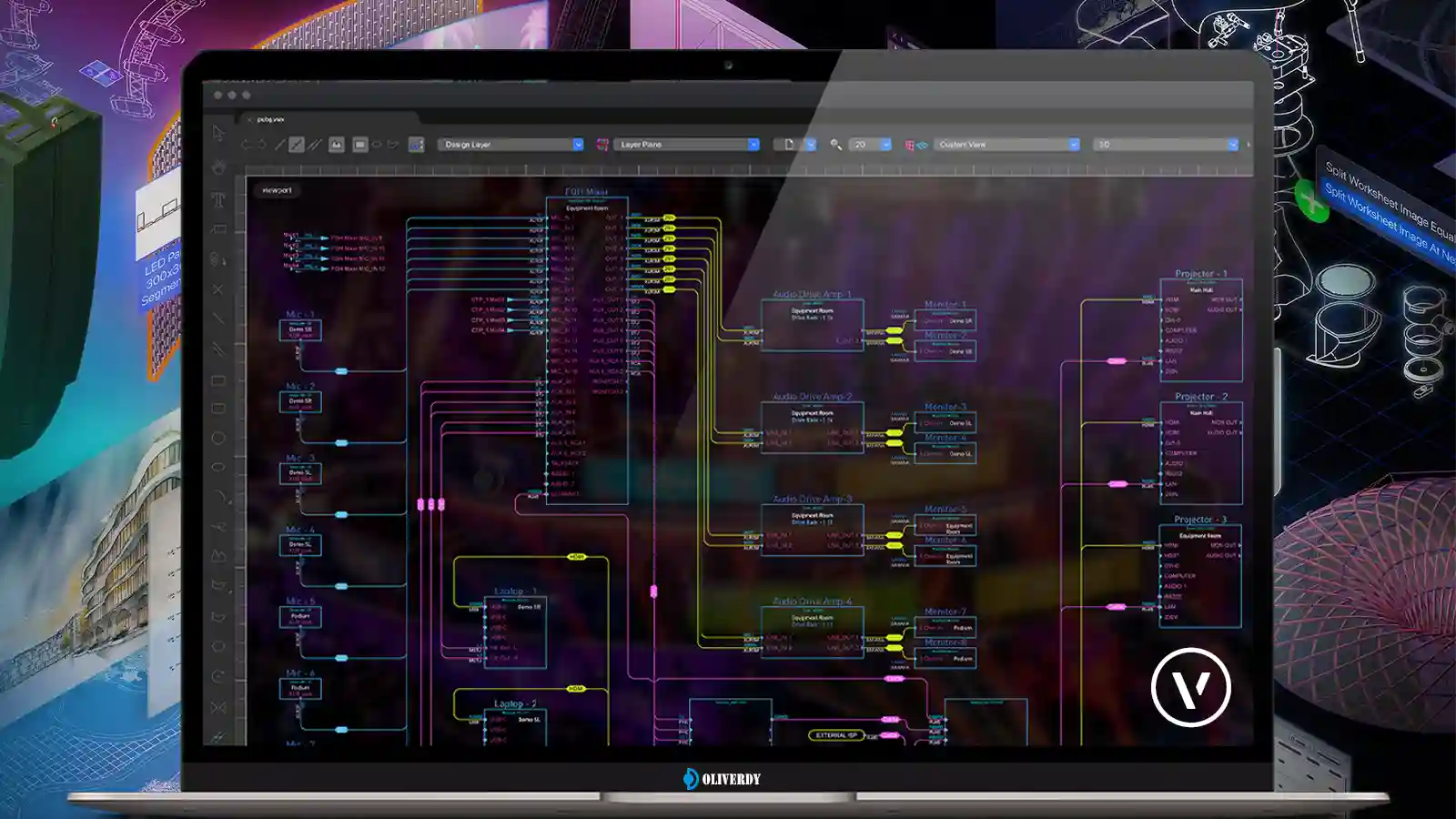 Synoptique audiovisuel conçu dans Vectorworks ConnectCAD – formation CAO spectacle Oliverdy